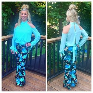 Mint cold shoulder top (pants listed separate).